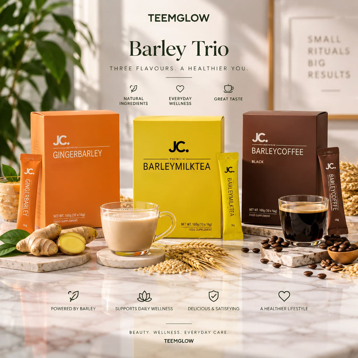 TeemGlow Barley Trio — Coffee, Milk Tea & Ginger Wellness Set