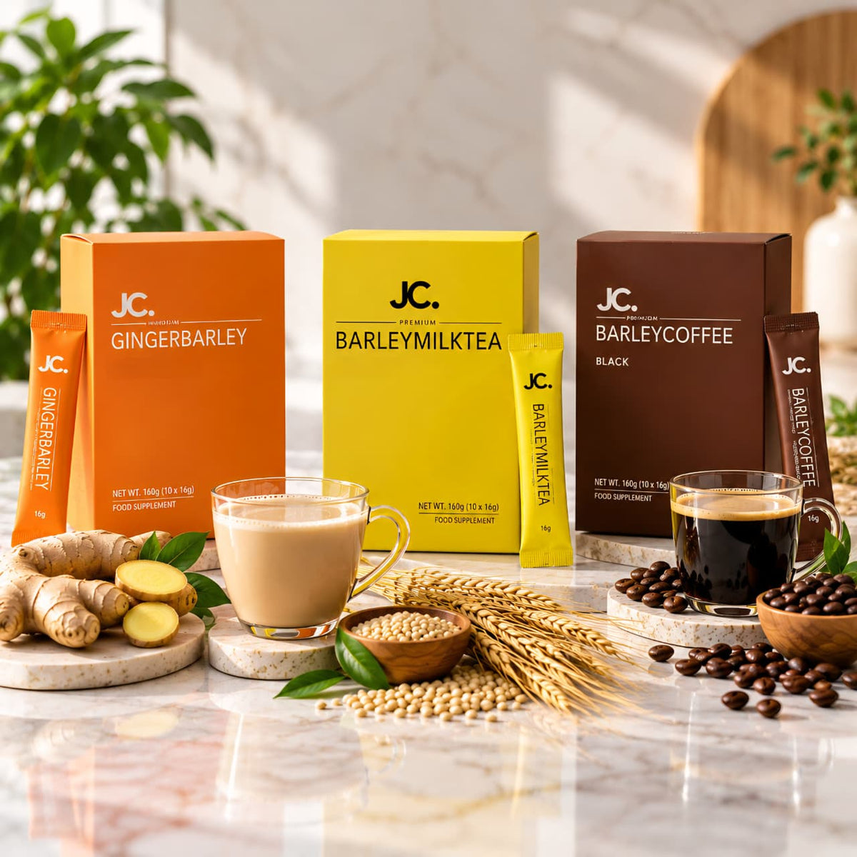 TeemGlow Barley Trio — Coffee, Milk Tea & Ginger Wellness Set