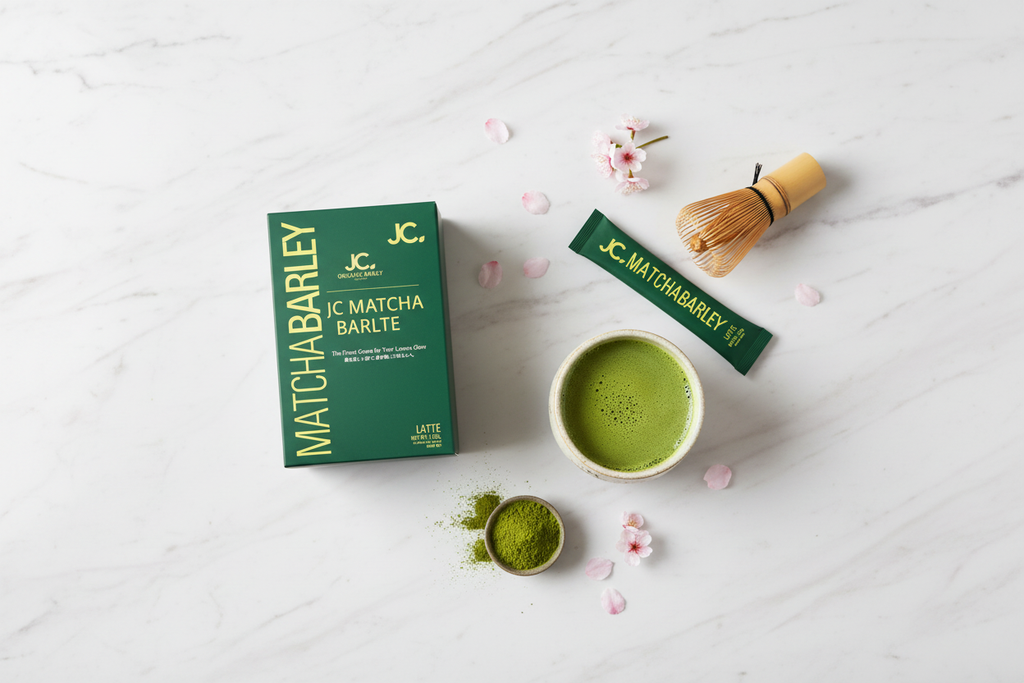 JC Matcha Barley Latte lifestyle flat lay