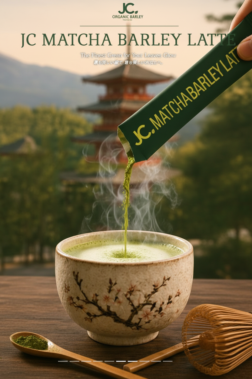 JC Matcha Barley Latte close-up pour shot